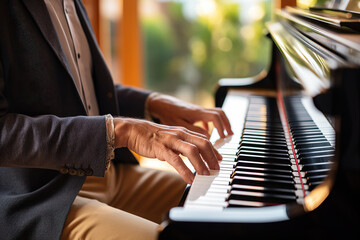 Close-up of male hands playing the piano. Focus on hands