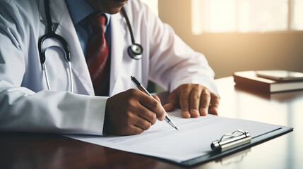 Close-up of male doctor filling up medical form while sitting at his working place. Healthcare and medical concept - obrazy, fototapety, plakaty