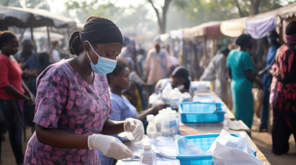 Health worker providing hygiene supplies. Concept of community health support. - obrazy, fototapety, plakaty