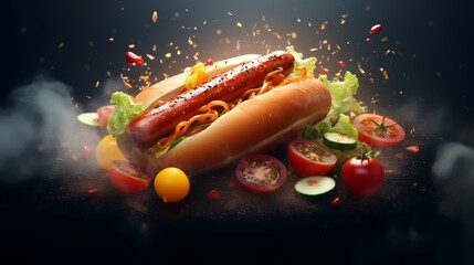 Delicious hot dog with flying ingredients on a dark background. Fast food concept - obrazy, fototapety, plakaty