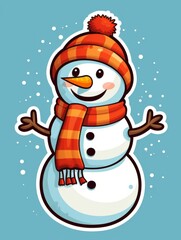 Snowman sticker with a scarf and hat on his head. The expression of a smile, AI