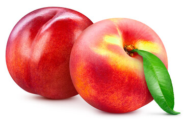 Red peach with leaves isolated on white