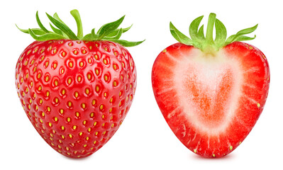 Whole strawberry and half on white isolated