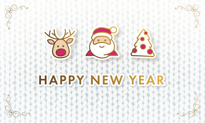 Merry Christmas and Hapy New year greeting card or web banner with cartoon 3d santa, christmas tree and reindeer on white realistic knitting pattern. Vector illustration