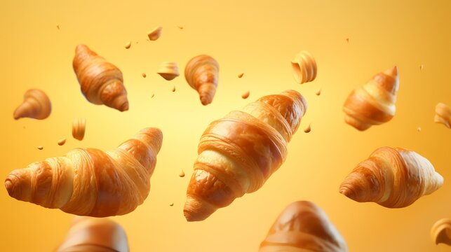 Flying croissants on a yellow background. 3d render illustration.
