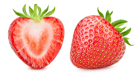 Whole strawberry and half on white isolated