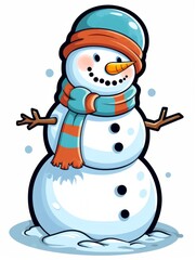 Snowman sticker with a scarf and hat on his head. The expression of a smile, AI