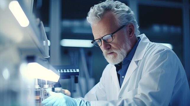 Serious scientist working with microscope in laboratory. Confident mature man in white coat and blue gloves looking at camera while doing research in scientific research laboratory