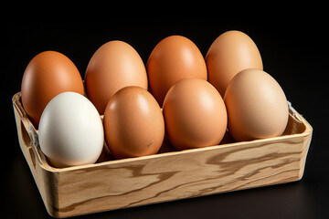 Fresh chicken eggs in a wooden box. Generative AI.