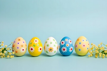 Fototapeta premium easter card, easter bunny with eggs, easter eggs and flowers, easter eggs in a basket, easter eggs and flowers on a white background, easter wall paper and background for social media