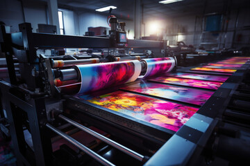 Modern printing press with color printing. Generative AI.