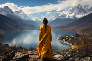 Indian Woman in Stunning Sari Amidst Majestic Himalayan Mountains and Serene Lake - obrazy, fototapety, plakaty