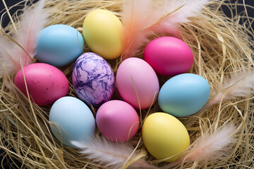 Obraz premium easter card, easter bunny with eggs, easter eggs and flowers, easter eggs in a basket, easter eggs and flowers on a white background, easter wall paper and background for social media