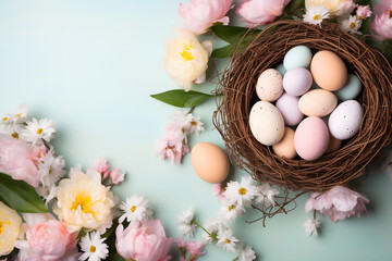 easter card, easter bunny with eggs, easter eggs and flowers, easter eggs in a basket, easter eggs and flowers on a white background, easter wall paper and background for social media