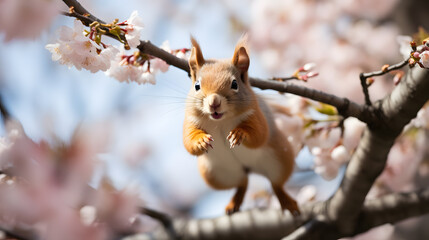 A playful squirrel, with a blossoming tree in the background, during its acrobatic antics among the branches on a breezy spring day - obrazy, fototapety, plakaty