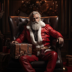 Portrait of a good-looking Santa Claus sitting in a leather chair and posing as a fashion model.