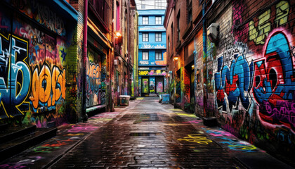 Beautiful street art of graffiti. Abstract color creative drawing fashion on walls of city. Urban...