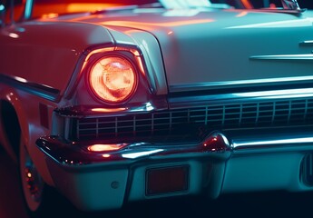 Naklejka premium Classic vintage&nbsp;retro American sports car driving the street with neon glowing lights with film color filter effect. Generative AI