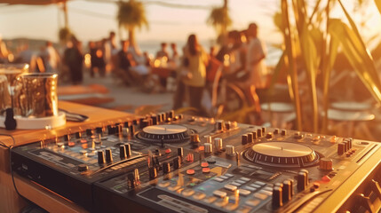 Dj console with beers and cocktails at the beach party - obrazy, fototapety, plakaty