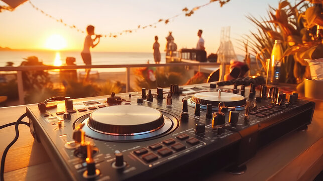 Dj console with beers and cocktails at the beach party