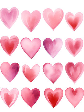 Seamless pattern of pink watercolor hearts on white background 