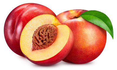 Fototapeta na wymiar Fresh organic peach with leaves isolated clipping path