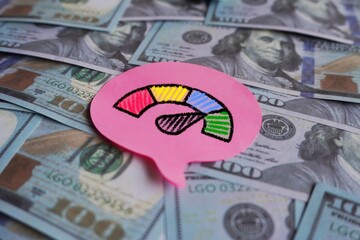 Closeup image of money and credit score meter. Financial concept.