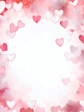 Watercolor frame background with hearts and white cops space for text inside 