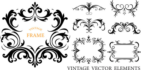 vintage frames and scroll elements. Classic calligraphy swirls, swashes, dividers, floral motifs. Good for greeting cards, wedding invitations