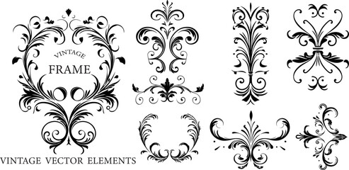 vintage frames and scroll elements. Classic calligraphy swirls, swashes, dividers, floral motifs. Good for greeting cards, wedding invitations