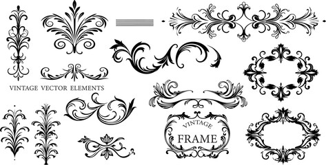 vintage frames and scroll elements. Classic calligraphy swirls, swashes, dividers, floral motifs. Good for greeting cards, wedding invitations