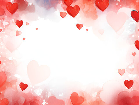 Watercolor frame background with hearts and white cops space for text inside 