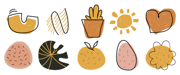 set of Cute doodle outlined design elements. neural color vector illustration