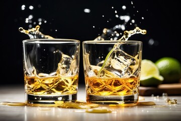 Glasses shot of tequila making toast with splash isolated on white background