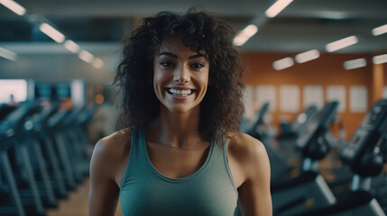 A cheerful and smiling female sports teacher at the fitness center - obrazy, fototapety, plakaty