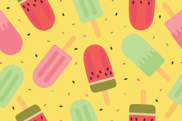 Popsicle ice cream seamless pattern. Vector illustration isolated on yellow background. Vector illustration