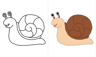 Round shell snail crawls and smiles on a white. Character Coloring book page for preschool children with colorful snail and sketch to color
