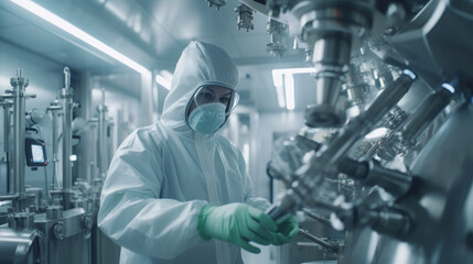 Workers wearing protective clothing are making medicine in a Pharmaceutical factory