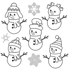 Cute snowman outline vector cartoon illustration