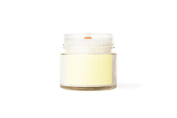 aromatic candle with blank label mock up isolated, natural handmade decor in a glass jar made of coconut wax with wooden wick