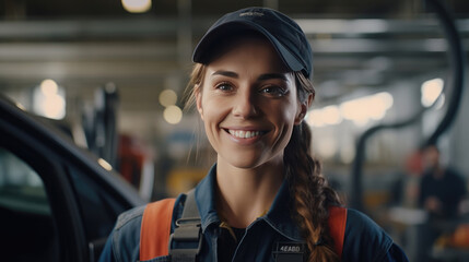 A cheerful and smiling female mechanic with a workshop background - Powered by Adobe
