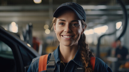 A cheerful and smiling female mechanic with a workshop background