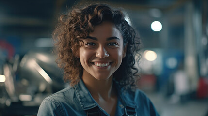 Fototapeta premium A cheerful and smiling female mechanic with a workshop background