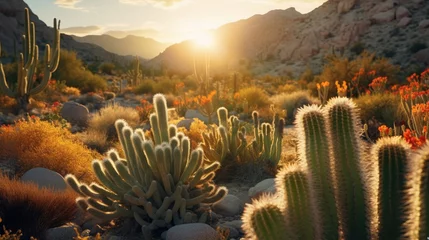 Muurstickers Cactus in the desert at sunrise © didiksaputra