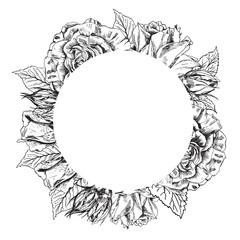 Roses flowers wreath. Vector border frame. . Hand drawn sketch artwork. Love bohemia concept for wedding invitation, card ticket, branding, boutique logo label. Black and white