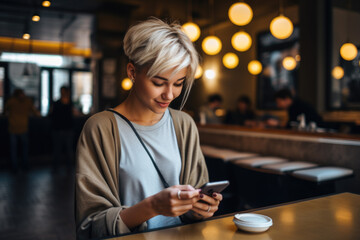 A young woman smiles while using her phone. Concept of connected lifestyle.