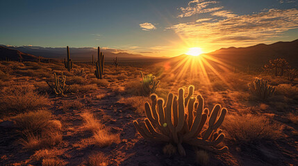 Cactus in the desert at sunrise - obrazy, fototapety, plakaty