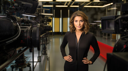 Fototapeta na wymiar Beautiful female TV news anchor in news studio