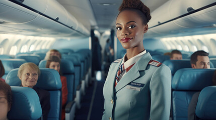 A woman works as a flight attendant on a passenger plane - 689562723