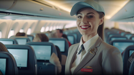A woman works as a flight attendant on a passenger plane - obrazy, fototapety, plakaty